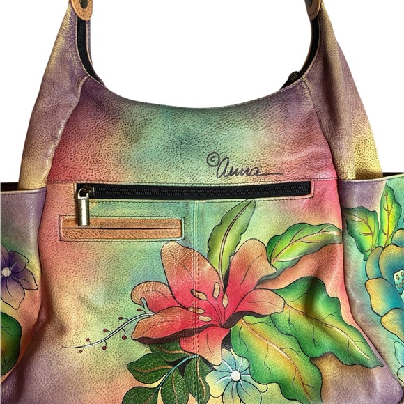 Anna by Anuschka Hand Painted Leather Floral Hobo Shoulder Bag Boho - Picture 3 of 11
